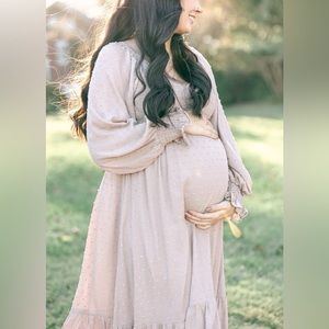 Baltic Born Lainey Smocked Dotted Midi Dress in Beige